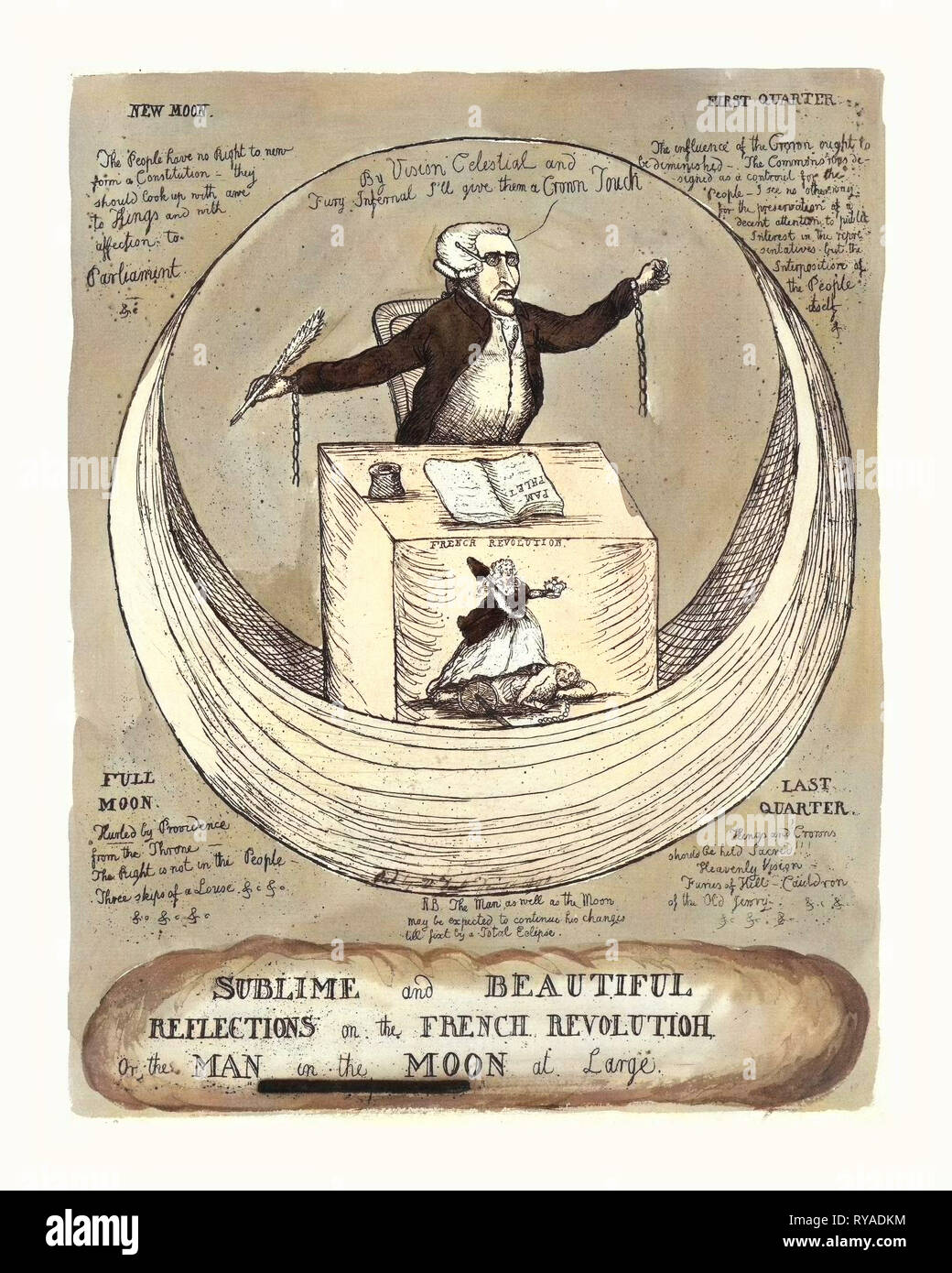 Edle und schöne Reflexionen an der Französischen Revolution, oder der Mann im Mond, Kupferstich 1790, Edmund Burke an einem Schreibtisch sitzen auf einem Halbmond, mit einem Federkiel, einer Broschüre und einem Tintenfass auf dem Schreibtisch, Gerissene Ketten hängen an seinen Handgelenken, eine Szene auf der Vorderseite der Schreibtisch, mit der Bezeichnung der Französischen Revolution zeigt eine Frau mit einem Liberty Cap und eine Krone, stehend auf einem Mann mit einer Kette Stockfoto