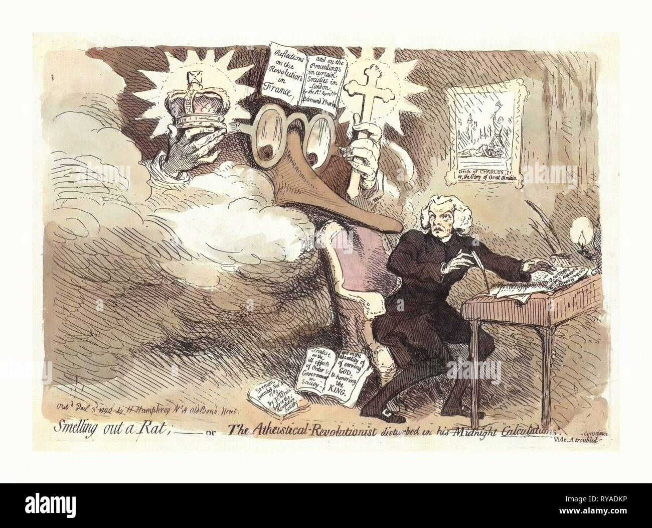 Riechen, eine Ratte oder der Atheistical-Revolutionist gestört in seinem Mitternacht Berechnungen, Gravur 1790, Richard Preis an einem Schreibtisch sitzt, dreht er über seiner rechten Schulter an die Vision von einer enormen Edmund Burke, seine Brille, Nase und Hände tauchen aus dem Dunst, eine Krone in der einen Hand und einem Kreuz in der Anderen, auf dem Kopf eine Kopie seiner Betrachtungen über die Revolution in Frankreich... An der Wand hängen ist eine Abbildung der Enthauptung von Charles I betitelt, Tod von Charles I, oder die Herrlichkeit von Großbritannien Stockfoto
