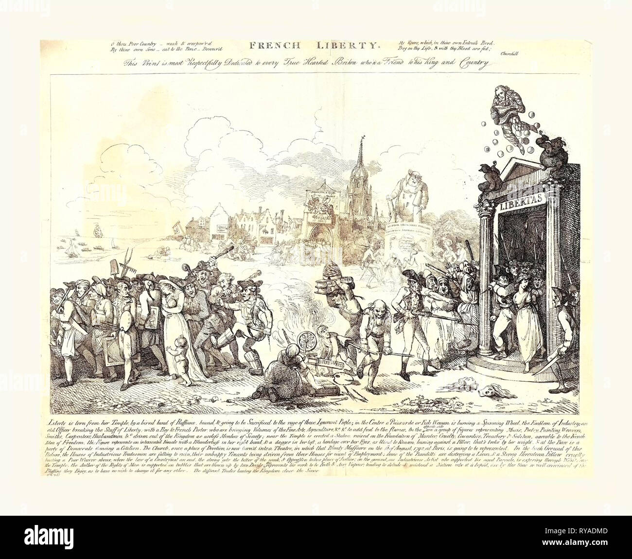 Französisch Freiheit, Nixon, John,-1818, Künstler, [1793], auf der rechten Seite Freiheit ist von Ihrem Tempel von einem Band von ruffians gebunden und die Wut dieser unwissenden Menschen geopfert werden, hin und her gerissen... Und auf der linken Seite, Künstler und Handwerker, die eine Mutter mit zwei Kindern, und andere werden angetrieben von gebootet Schläger mit Vereinen, in der Mitte ein Spinnrad Burns, ein Junge Fügt ein Buch bildende Kunst zum Feuer, und ein alter Mann bricht in der Hälfte der Mitarbeiter von Freiheit. Zusätzliche Szenen von Fröhlichkeit und Chaos im Hintergrund Stockfoto