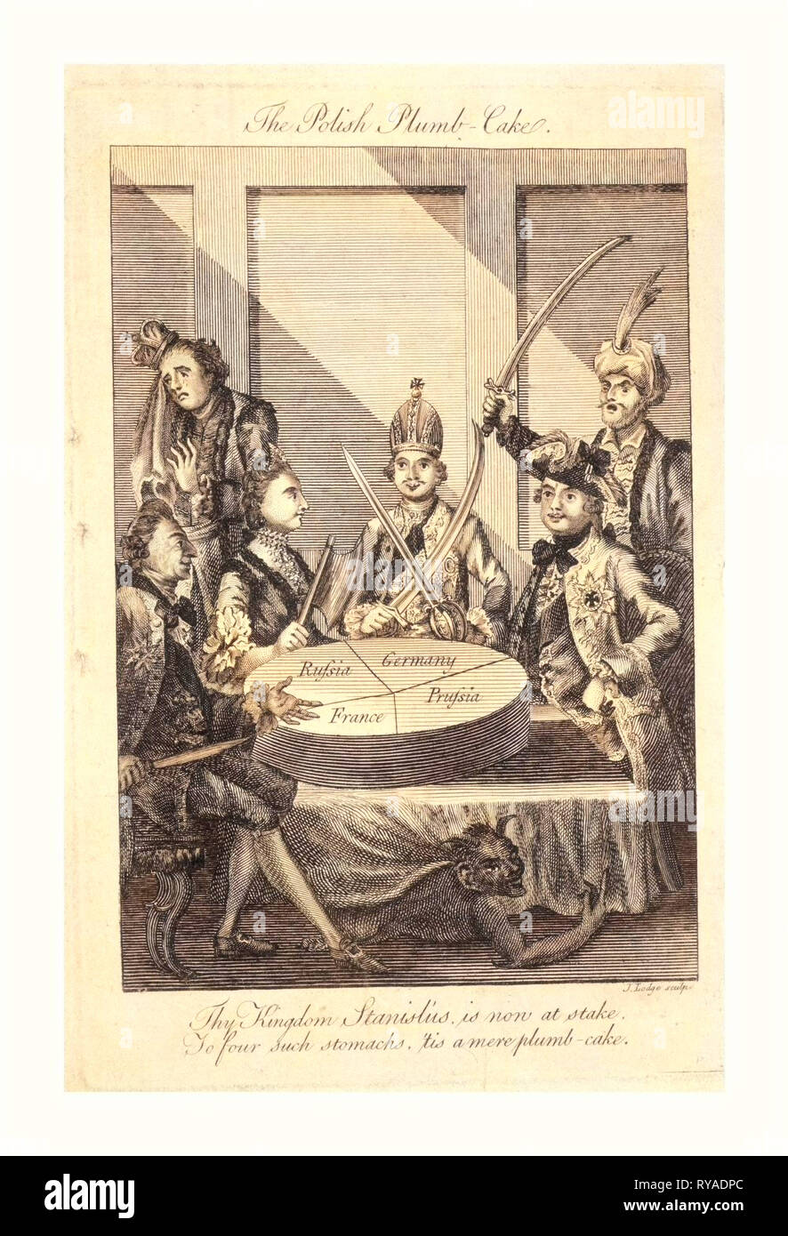 Die polnische Plumb-Cake, Lodge, John,-1796, Gravur 1774, Leopold II. und Friedrich Wilhelm II. mit gezogene Schwerter, Katharina II., die Inhaber einer Cleaver, und Louis XV mit einem Messer Sitzen um einen Tisch, auf dem ruht eine partitionierte Kuchen, die Polen, jeder Monarch, eine separate, jedoch nicht zu gleichen Teilen, im Hintergrund auf der linken Seite steht eine weinende König von Polen, auf der rechten Seite, mit Schwert hob sich der Sultan Stockfoto