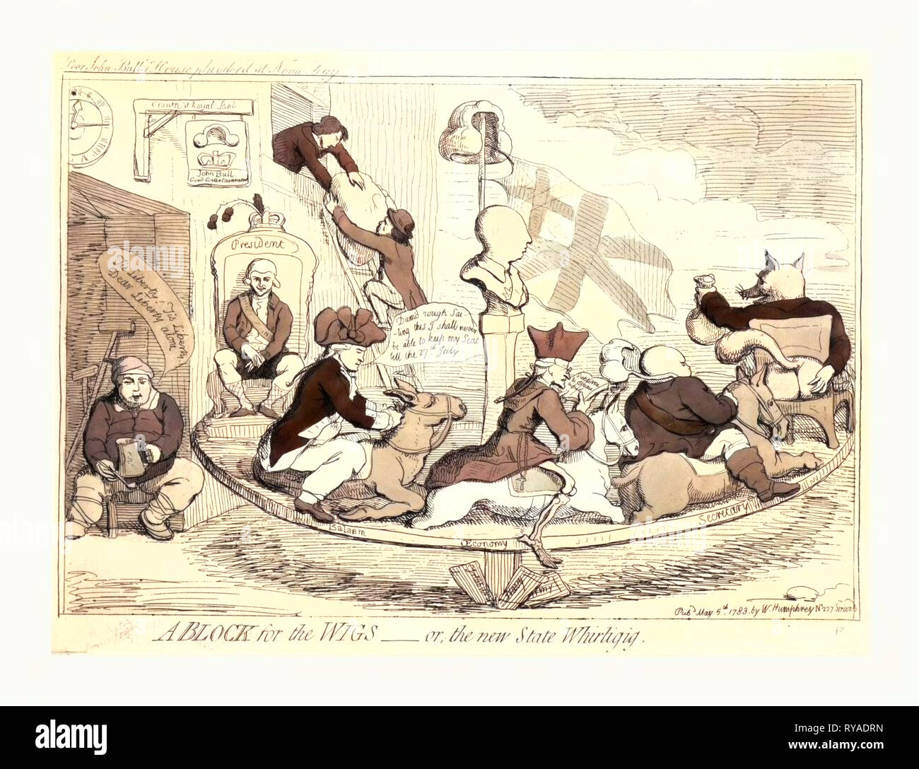 Ein Baustein für die Perücken oder der neue Staat Whirligig, Gillray, James, 1756-1815, Künstler, Kupferstich 1783, ein Karussell, auf dem sich die Minister der Regierung Charles Fox, Lord North, Edmund Burke und Admiral Keppel. Strahl in der Mitte des Karussells Plattform ist eine Säule durch eine Büste von König Georg III., eine Perücke und Union Jack überstieg Über die Büste ausgesetzt. Im Hintergrund zwei Räuber, Untere ein großes Bündel aus dem Fenster eines Gebäudes. Eine Inschrift über dem Haus plündern die Karikatur liest Armen John Bull's "am Mittag Tag Stockfoto Ein Baustein für die Perücken oder der neue Staat Whirligig, Gillray, James, 1756-1815, Künstler, Kupferstich 1783, ein Karussell, auf dem sich die Minister der Regierung Charles Fox, Lord North, Edmund Burke und Admiral Keppel. Strahl in der Mitte des Karussells Plattform ist eine Säule durch eine Büste von König Georg III., eine Perücke und Union Jack überstieg Über die Büste ausgesetzt. Im Hintergrund zwei Räuber, Untere ein großes Bündel aus dem Fenster eines Gebäudes. Eine Inschrift über dem Haus plündern die Karikatur liest Armen John Bull's "am Mittag Tag Stockfoto
