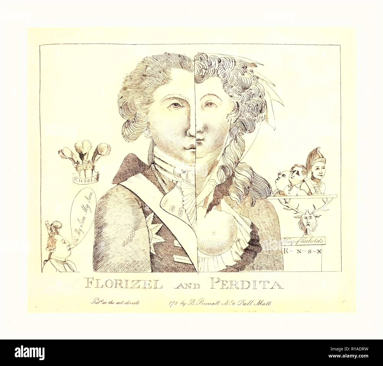 Florizel und Perdita, En Sanguine Gravur 1780, eine Büste Portrait vertikal geteilt durch eine Linie in der Mitte des Gesichts, linke Hälfte des Gesichtes, der Prinz von Wales, und die rechte Hälfte, Frau Robinson, oder Perdita Stockfoto
