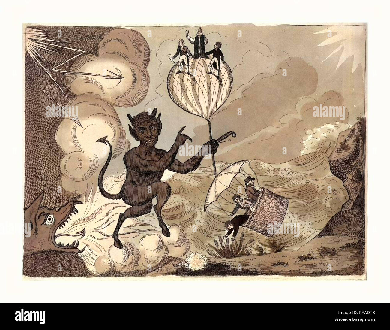 An Seine Königliche Hoheit Friedrich Herzog von York, diese Platte Satans Holding Th Bounaparte Prepondrence der Macht oder der Bedrohung, ist den meisten Demütig eingeschrieben, durch E.Sanders, Gravur 1803, Satan, die Balance zu halten, die an einem Ende ist ein Heissluft Ballon befestigt mit einem Bischof, der Herzog von York, und ein anderer Mann auf, seine Leichtigkeit die Balance zu Ende über das Ende verzerrt Hat, am anderen Ende ist ein Fallschirm mit drei Männern, die in den Korb, es geht um den Crash an der Küste von England. Hinter Satan sind, Sturm, Wolken, Blitze, und eine Flamme Emitting Schlange, Sie repräsentieren Stockfoto