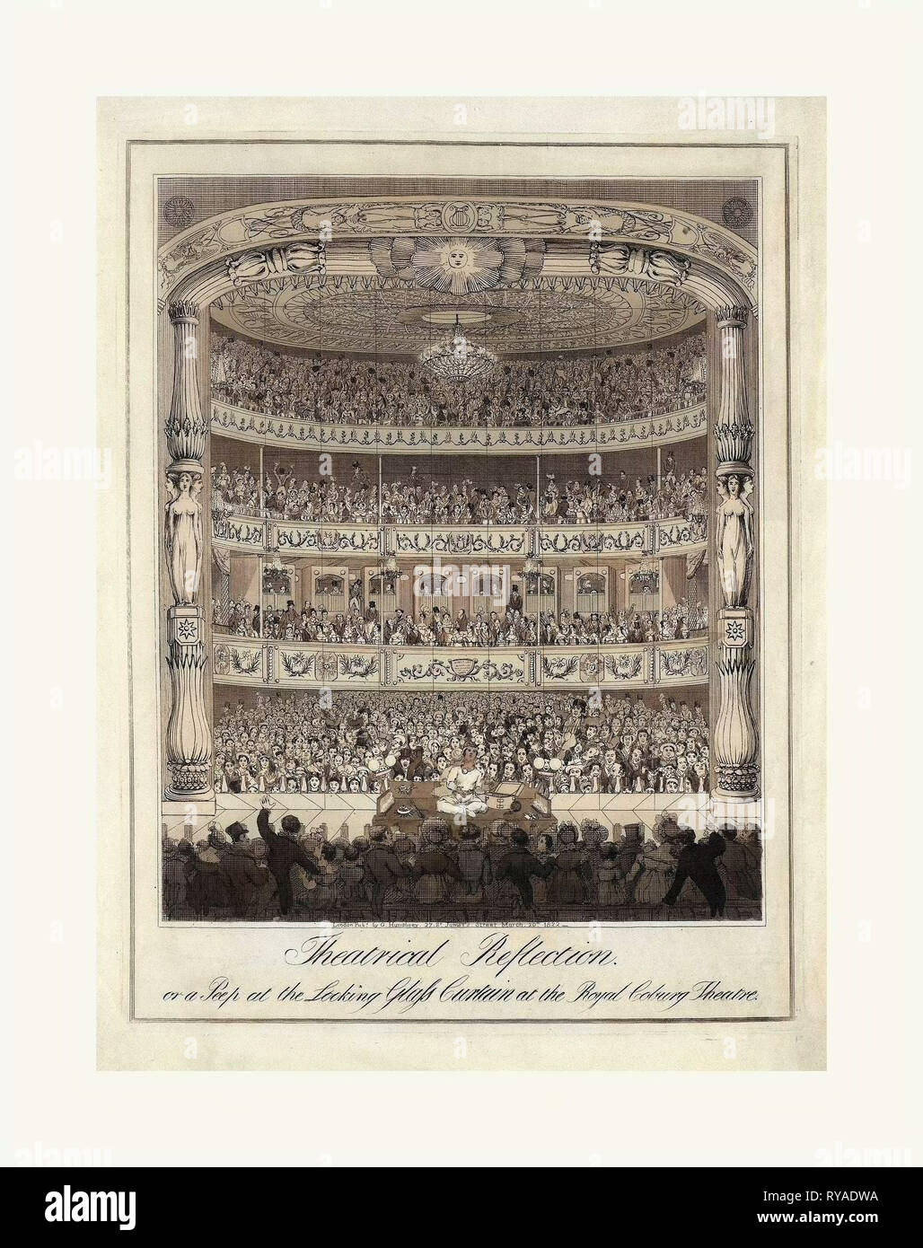 Theatrale Reflexion, oder ein Blick in den Spiegel Vorhang an der Königlichen Coburg Theater, Gravur 1820, das gespiegelte Vorhang dem Publikum an der Königlichen Coburg Theater (Old Vic Theatre) und Ramo Samee, Jongleur, Zauberer, und Sword Swallower, Jonglieren auf der Bühne widerspiegelt Stockfoto