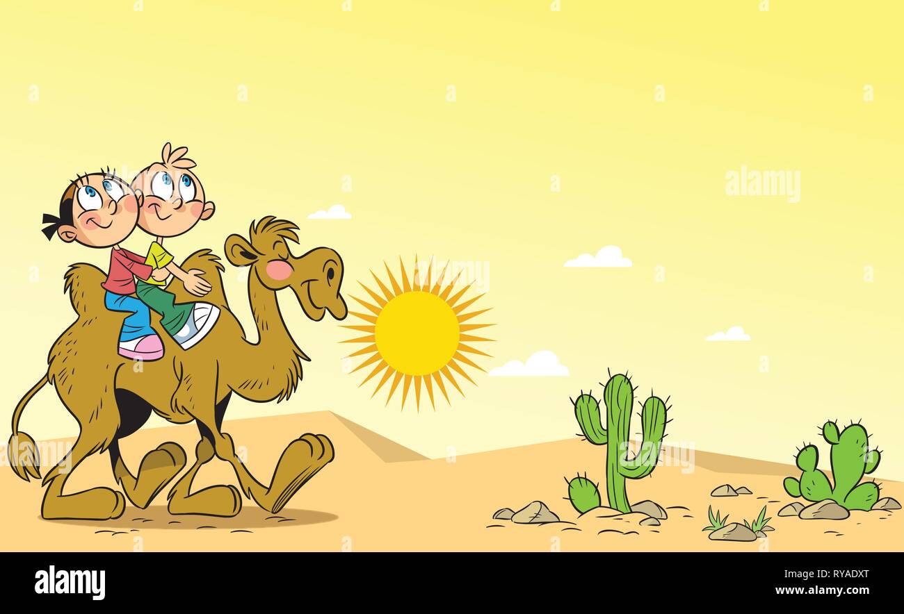 Das Bild zeigt Kinder, die auf einem Kamel reiten. Sie reisen durch die Wüste. Abbildung auf separaten Ebenen getan. Stock Vektor