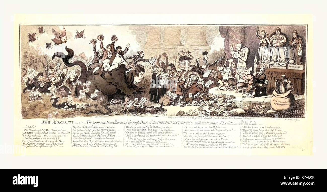 Neue Moral oder die Promis 'DTranche des High-Priest des Theophilanthropes, mit der Huldigung des Leviathan und seiner Suite, Gillray, James, 1756-1815, Gravur 1798, französischer Politiker und Theophilanthropist Louis Marie stehend auf einem dreibeiniger Hocker thront auf einem Stein Dais lesen Religion De La Nature zu den umliegenden Karikaturen von Menschen und Tieren, darunter der Herzog von Bedford als Leviathan Stockfoto