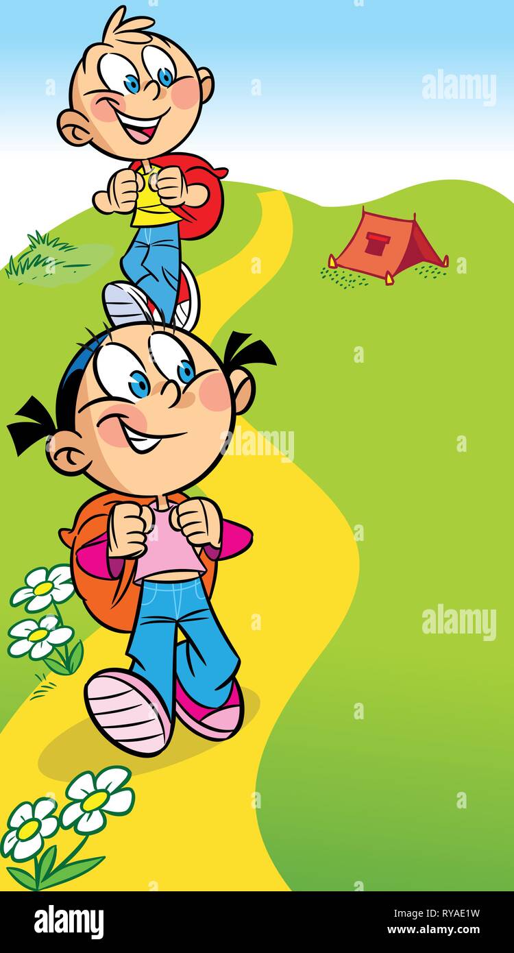 Die Abbildung zeigt ein Mädchen und ein Junge Touristen. Sie gehen auf der Wanderung. Hinter ihnen Rucksäcke. Abbildung im Cartoon Stil. Stock Vektor