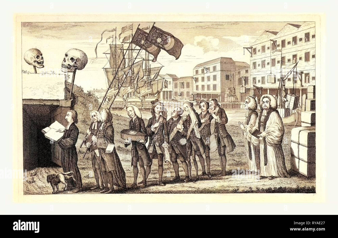 Die Aufhebung oder die Beerdigung von Miss Ame=Stempel, En Sanguine Gravur 1766, einem Trauerzug am Ufer der Themse, mit Lager in einer Zeile im Hintergrund, einer davon ist die Sheffield und Birmingham Lager waren nun Schiff "für Amerika eingeschrieben. George Grenville trägt Sarg eingeschrieben Miss Ame-Stamp B. 1765 starb 1766. Auf dem Kai sind zwei große Ballen, von der man eingeschrieben ist, Briefmarken aus Amerika, I.E., Briefmarken nach England als nicht mehr notwendig, weil die Aufhebung der Stamp Act zurückgegeben. Die andere ist markiert, schwarzes Tuch aus Amerika, die für die Beerdigung Prozession Stockfoto