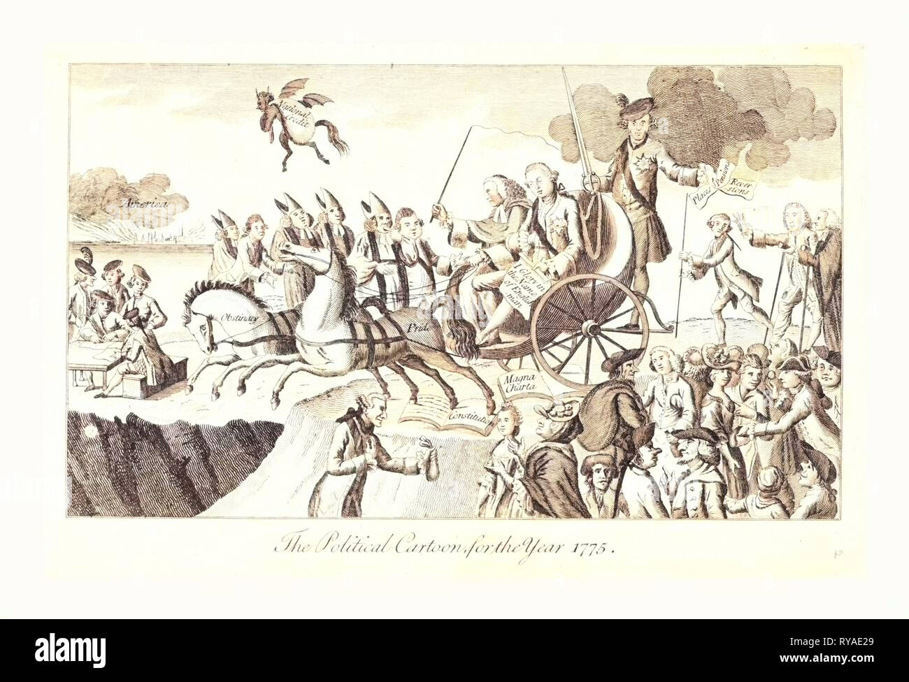 Die politische Karikatur für das Jahr 1775, en Sanguine Gravur zeigt George III und Herr Mansfield, sitzt auf einem offenen Chaise gezogen von zwei Pferden mit Hartnäckigkeit und Stolz, über zu führen Großbritannien in einen Abgrund, die durch den Krieg mit den amerikanischen Kolonien vertreten Stockfoto