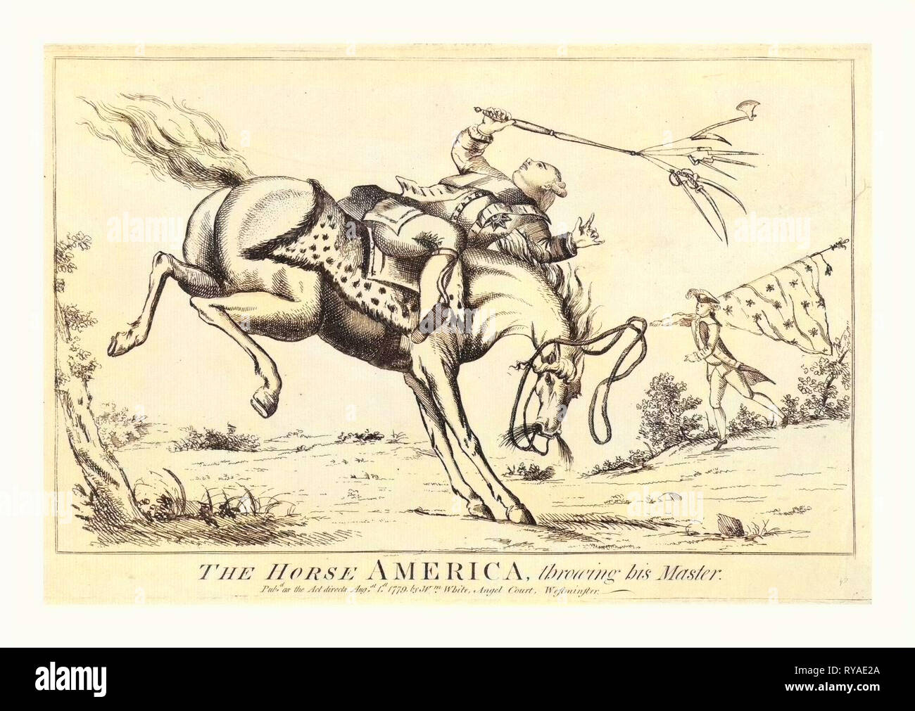 Das Pferd Nordamerika, wirft seine Master, En Sanguine Gravur zeigt ein Pferd Amerika warf seinen Reiter, George III. Stockfoto