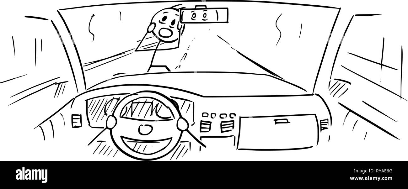 Cartoon des Armaturenbrett der Fahrerseite und Hände am Lenkrad, während Fußgängerzone ist fast Heruntergekommen Stock Vektor