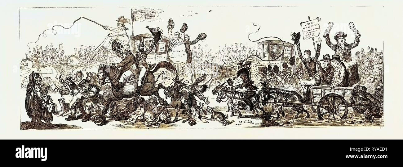 J. Gillray: Entsendung zur Wahl, eine Szene auf der Straße nach Brentford, November 1806. Kandidaten: Mellish, Byng und Burdett Stockfoto