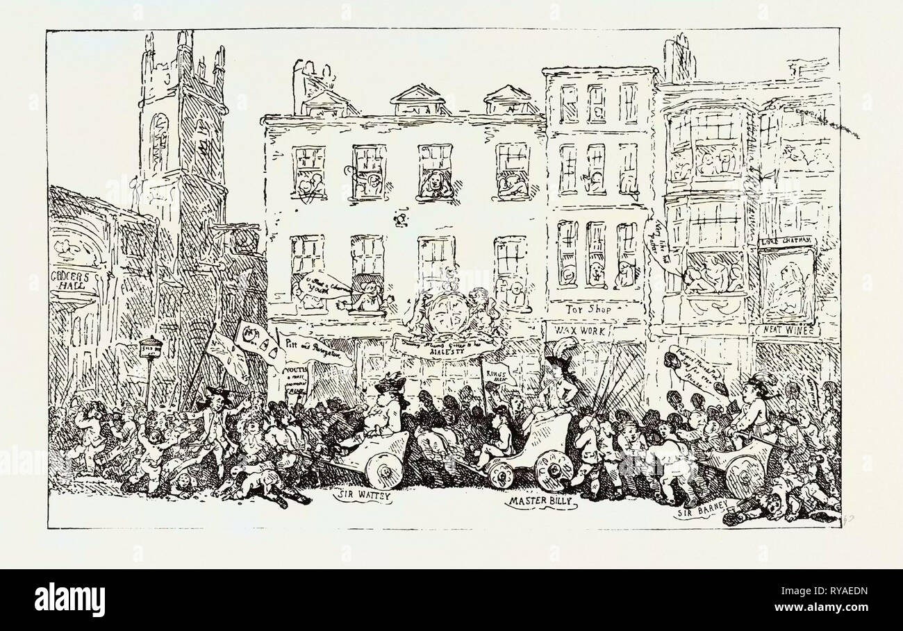 T. Rowlandson: Master Billy's Prozession nach Lebensmitteleinzelhändler" Halle, Parlamentswahlen, Pitt, präsentiert mit der Freiheit der Stadt, 1784 Stockfoto