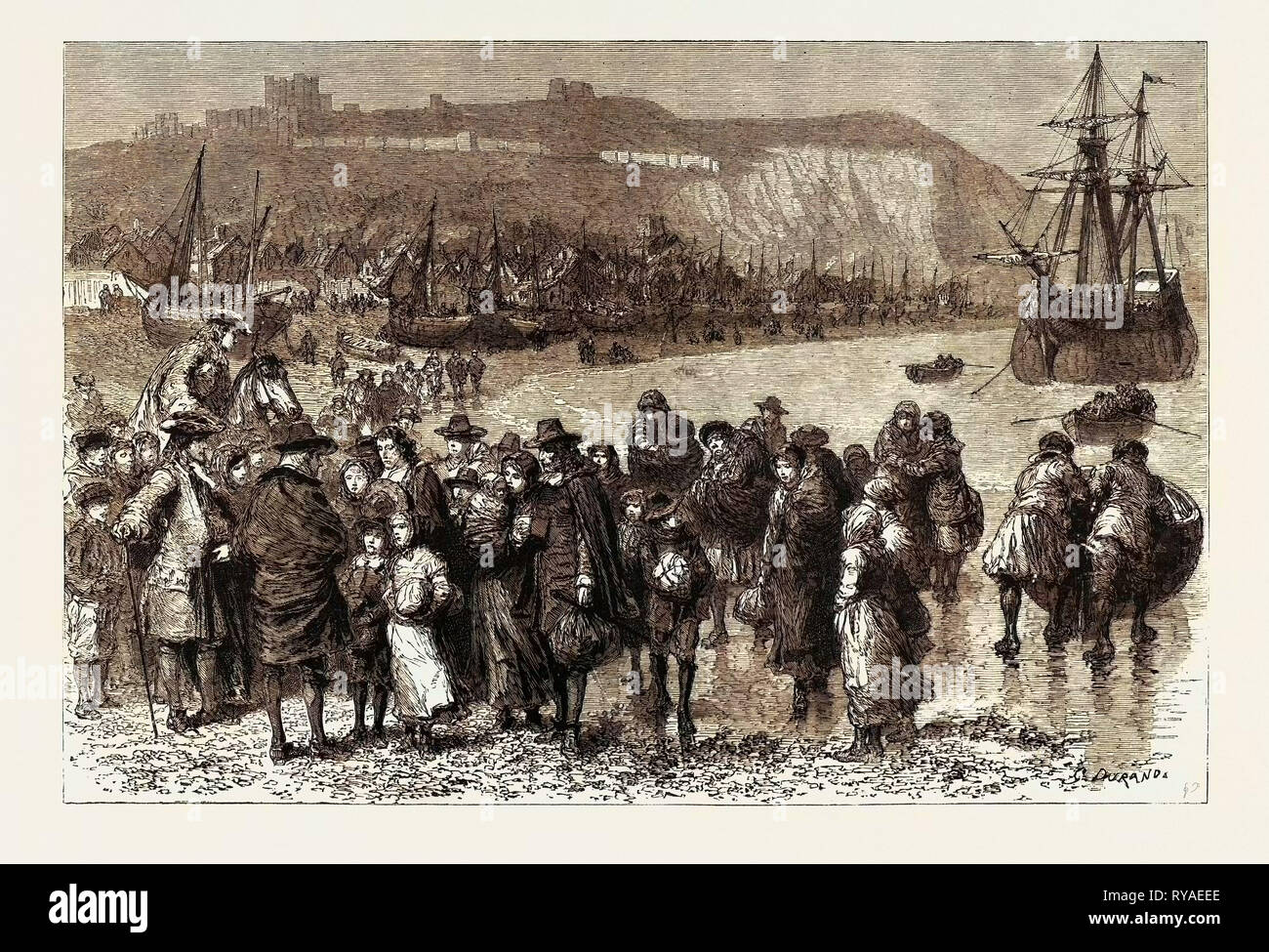 Französische Hugenotten Landung in Dover im Jahr 1685. Nach der Aufhebung des Edikts von Nantes Stockfoto