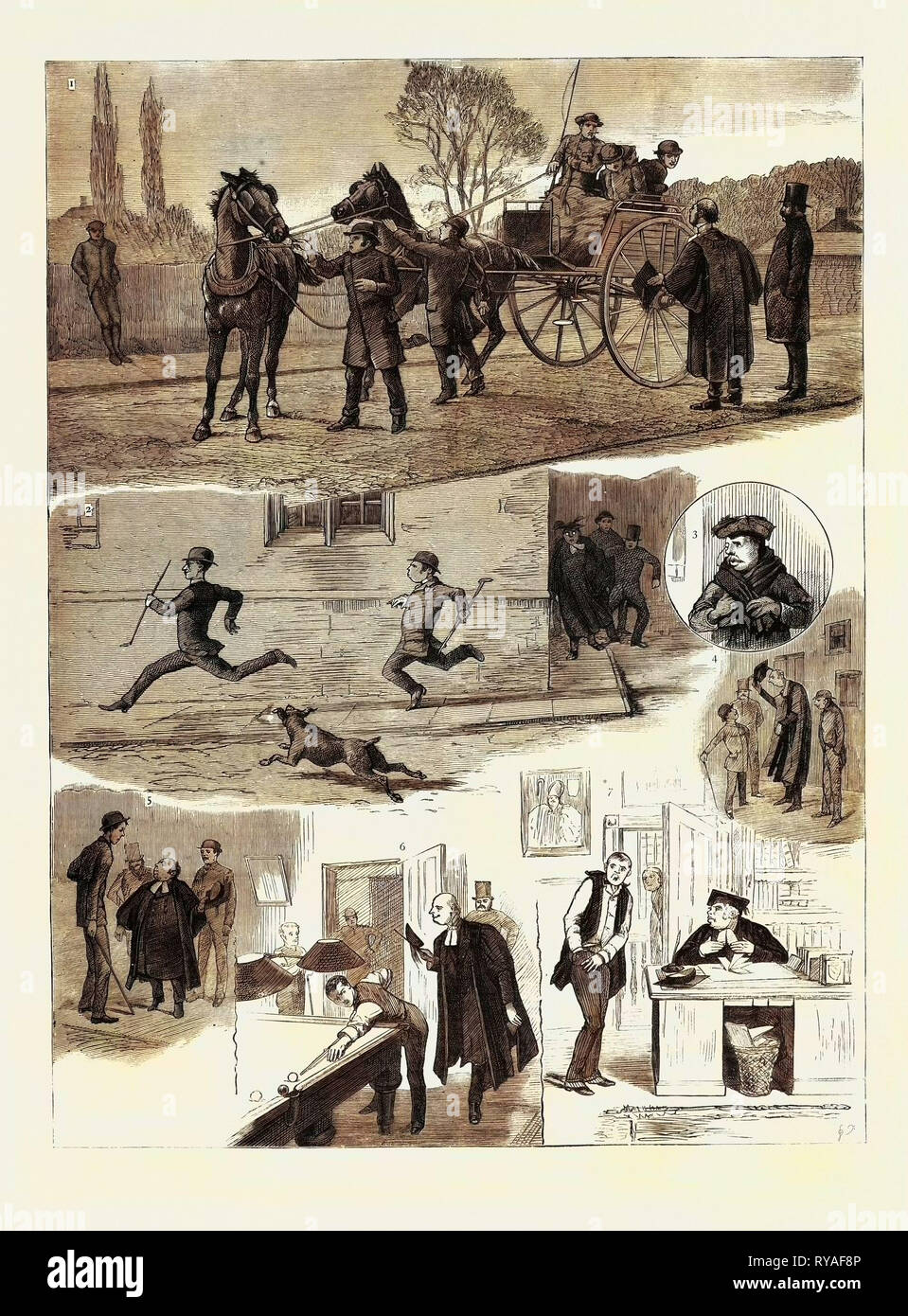 Leben an der Universität Oxford, die Aufsichtsperson: 1. Tandem fahren, die Achte Todsünde, 2. Flug, 3. Die Akademische Kostüm, 4. & 5. "Sind Sie Mitglied der Universität, Sir?", 6. Billard nach 9 Uhr, 7. Ein Beitrag zur Universität Brust Stockfoto