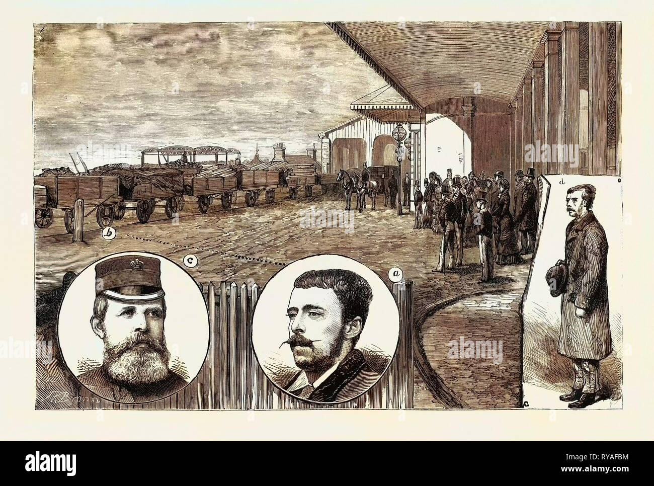 Der Versuch, das Leben der Königin: Szene im Windsor Bahnhof unmittelbar vor dem Angriff: A. Roderick Maclean, von einem Porträt, B. gepunktete Linie zeigt die Richtung des Schusses, C. Betriebsleiter Hayes, D. Skizze Porträt des Gefangenen Stockfoto