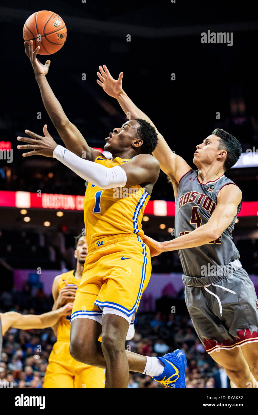 Charlotte, North Carolina, USA. 12. Mär 2019. Pittsburgh Panthers guard Xavier Johnson (1) Während der ACC College Basketball Turnier Spiel zwischen den Pittsburgh Panthers und die Boston College Eagles in der Spectrum Center am Dienstag, 12. März 2019 in Charlotte, NC. Jakob Kupferman/CSM Credit: Cal Sport Media/Alamy leben Nachrichten Stockfoto