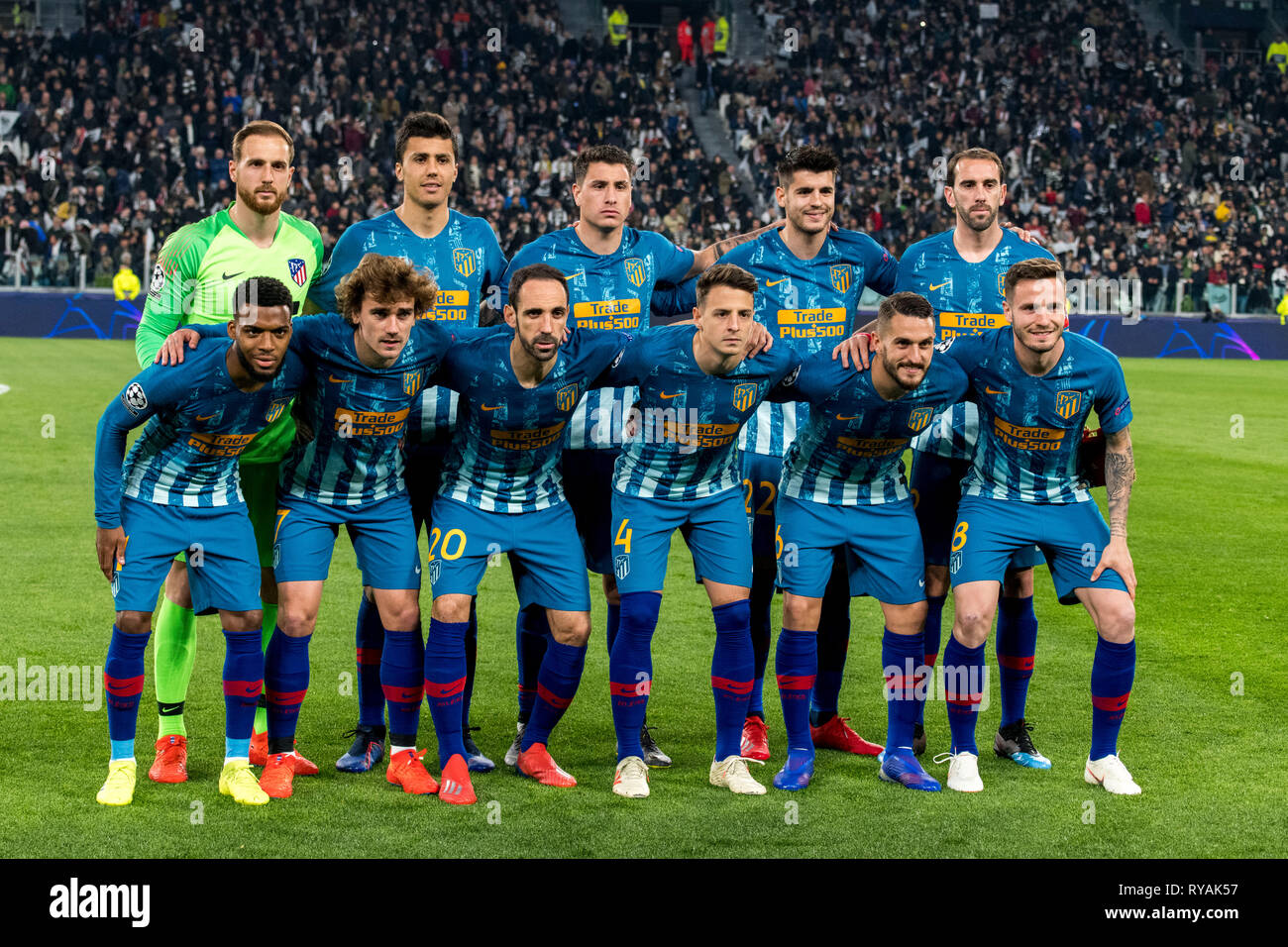 Turin, Italien. 12. Mär 2019. Jan Oblak (Atletico de Madrid) Rodrigo Hernandez Cascante (Atletico de Madrid) Jose Maria Gimenez de Vargas (Atletico de Madrid) Alvaro Morata Borja Martin (Atletico de Madrid) Diego Roberto Godin Leal (Atletico de Madrid) Thomas Lemar (Atletico de Madrid) Antoine Griezmann (Atletico de Madrid) Juanfran Francisco Torres Belen (Atletico de Madrid) Santiago Arias Naranjo (Atletico de Madrid) Koke Jorge Resurreccion Merodio (Atletico de Madrid) Saul Niguez Esclapez (Atletico de Madrid) Team (Atletico de Madrid) während der 'Uefa Champions League' Runde 16 - 2 Bein Stockfoto