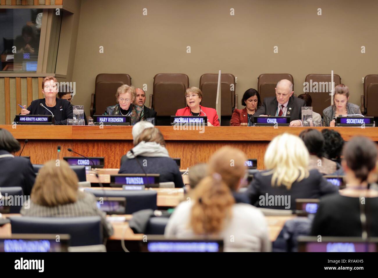 Vereinten Nationen, New York, USA, 12. März 2019 - Michelle Bachelet Jeriais, Hoher Kommissar der Vereinten Nationen für Menschenrechte teilgenommen an der CSW 63 interaktiven Dialog auf hoher Ebene unter den Ministern auf der Priority Theme: Aufbau von Allianzen für die Systeme der sozialen Sicherung, der Zugang zu öffentlichen Dienstleistungen und nachhaltige Infrastruktur für die Gleichstellung der Geschlechter und das Empowerment von Frauen und Mädchen heute auf das UN-Hauptquartier in New York. Foto: Luiz Rampelotto/EuropaNewswire | Verwendung weltweit Stockfoto