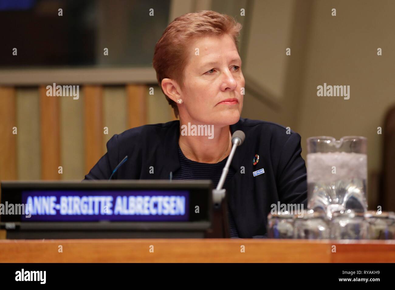 Vereinten Nationen, New York, USA, 12. März 2019 - Anne-Birgitte Albrectsen ist der CEO von Plan International teilgenommen an der CSW 63 interaktiven Dialog auf hoher Ebene unter den Ministern auf der Priority Theme: Aufbau von Allianzen für die Systeme der sozialen Sicherung, der Zugang zu öffentlichen Dienstleistungen und nachhaltige Infrastruktur für die Gleichstellung der Geschlechter und das Empowerment von Frauen und Mädchen heute auf das UN-Hauptquartier in New York. Foto: Luiz Rampelotto/EuropaNewswire | Verwendung weltweit Stockfoto