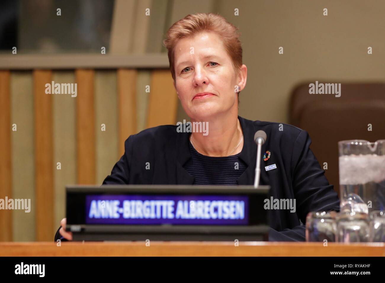 Vereinten Nationen, New York, USA, 12. März 2019 - Anne-Birgitte Albrectsen ist der CEO von Plan International teilgenommen an der CSW 63 interaktiven Dialog auf hoher Ebene unter den Ministern auf der Priority Theme: Aufbau von Allianzen für die Systeme der sozialen Sicherung, der Zugang zu öffentlichen Dienstleistungen und nachhaltige Infrastruktur für die Gleichstellung der Geschlechter und das Empowerment von Frauen und Mädchen heute auf das UN-Hauptquartier in New York. Foto: Luiz Rampelotto/EuropaNewswire | Verwendung weltweit Stockfoto