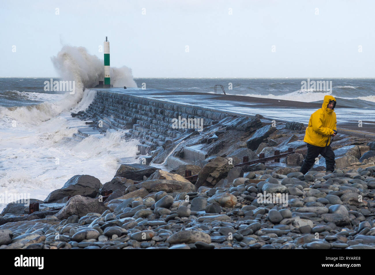 Aberystwyth, Großbritannien. 13 Mär, 2019. UK Wetter: Junge Männer Gefahren nehmen dramatische Fotos von sich selbst in der Nähe der Wellen als Gale force Winds aus Sturm Gareth - der dritte namens Sturm von 2019 - Aberystwyth auf der Cardigan Bay Küste treffen, West Wales UK am Mittwoch Nachmittag. Böen von bis zu 70 oder 80 mph sind in exponierten nördlichen Regionen Prognose, mit der Gefahr von schweren Sachschäden und erheblichen Betriebsunterbrechungen zu reisen und Power Services Photo Credit: Keith Morris/Alamy leben Nachrichten Stockfoto