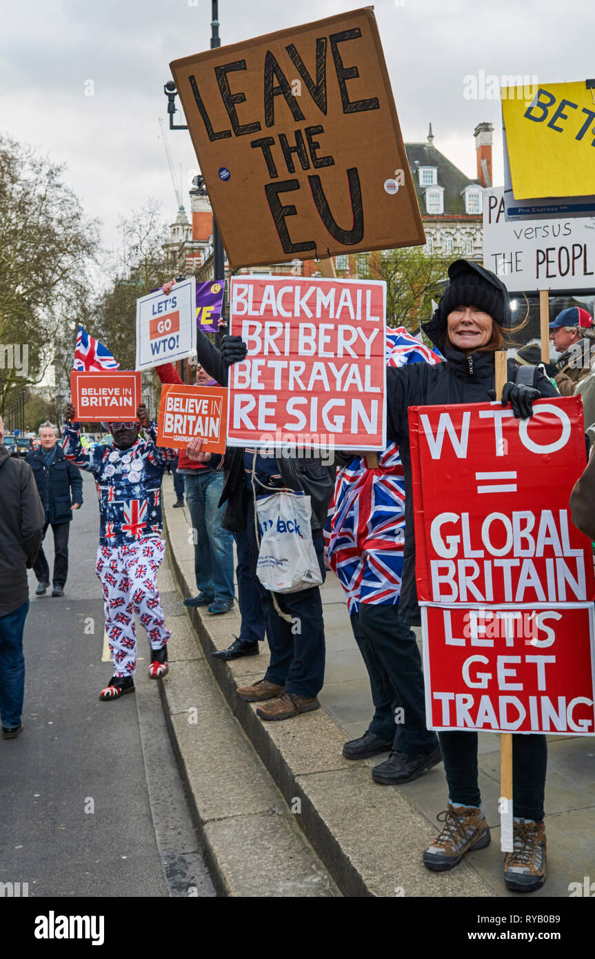 Pro Brexit Demonstranten vor der Westminster Palace am 13. März 2019, gegen Regierung Chaos über Abfahrt Großbritanniens aus der EU protestiert. Stockfoto