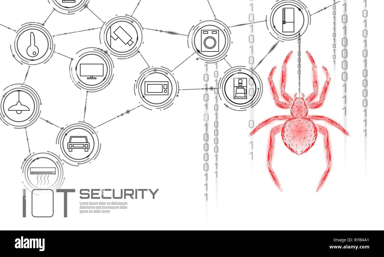 IOT cybersecurity spider Konzept. Persönliche Daten Sicherheit Internet der Dinge smart home Cyber Attack. Hacker Angriff Gefahr firewall Innovation System Stock Vektor