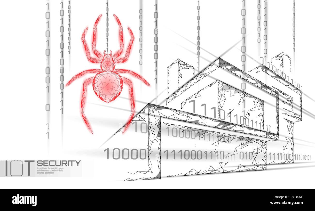 Smart house IOT cybersecurity spider Konzept. Persönliche Daten Sicherheit Internet der Dinge Cyber Attack. Hacker Angriff Gefahr firewall Innovation System Stock Vektor