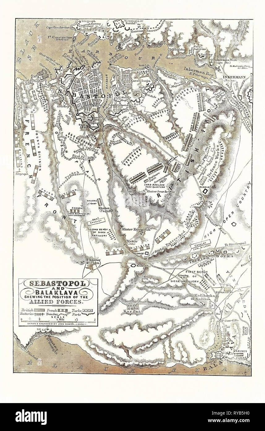 Der Krimkrieg: Karte von Sewastopol und Balaklawa zeigt die Position der Alliierten Streitkräfte 1854 Stockfoto