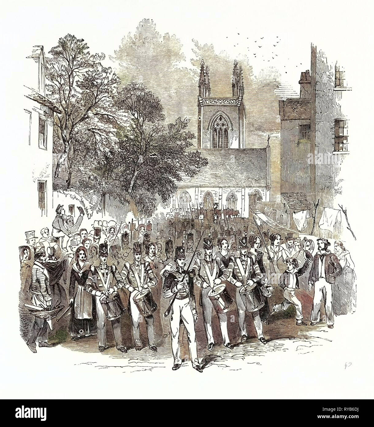 Einschiffung der Truppen in Gravesend, für ausländische Service: Der Marsch durch die Stadt. Die Milton Road. Großbritannien, 1846 Stockfoto