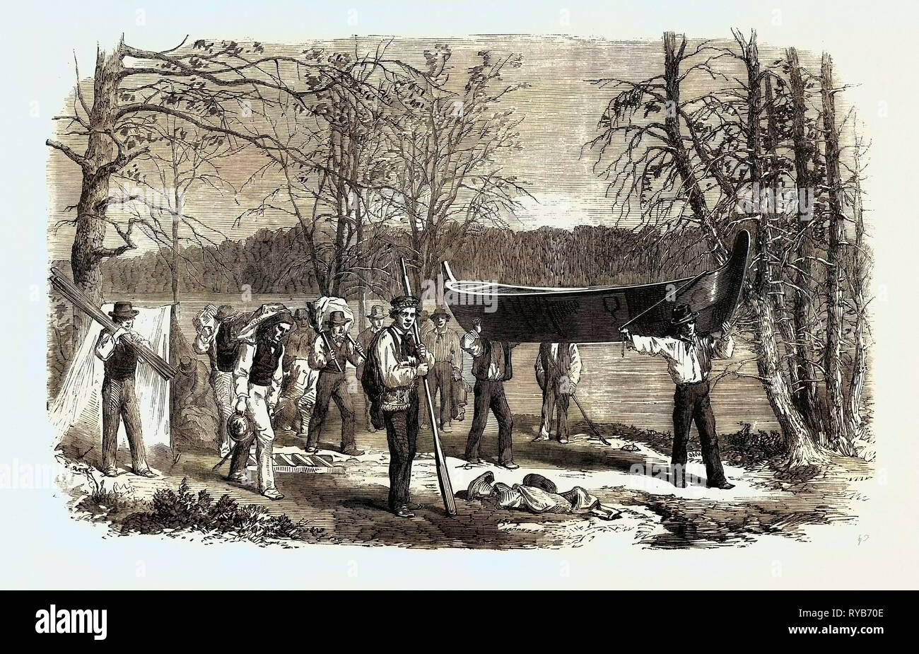 Die Assinniboine und Saskatchewan erforschen Expedition: keine Portagen ein Kanu und Gepäck, 1858 Stockfoto