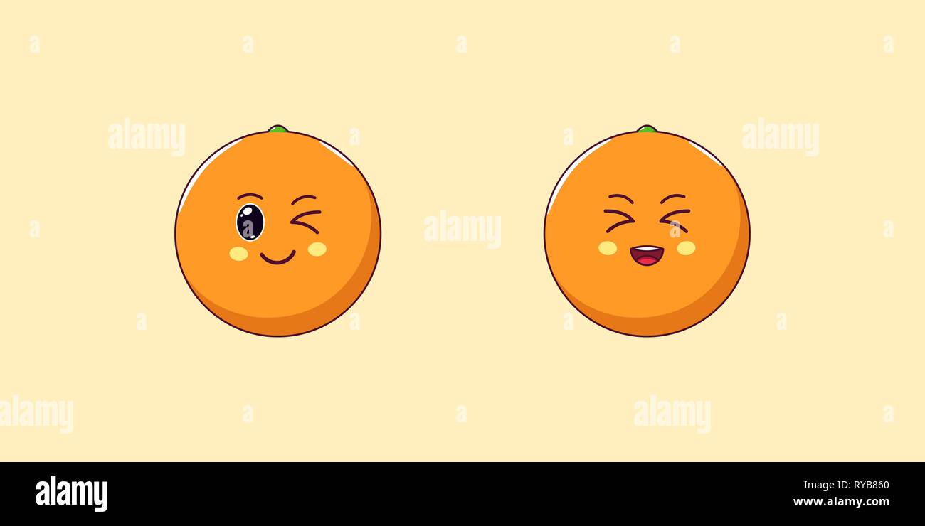 Niedlich Kawaii Orange, Cartoon Zitrusfrüchte. Vector Illustration von Reifen Cartoon Orange mit einem Augenzwinkern und Lachen im Gesicht, lustig Emoji. Saftig tropischer Stick Stock Vektor