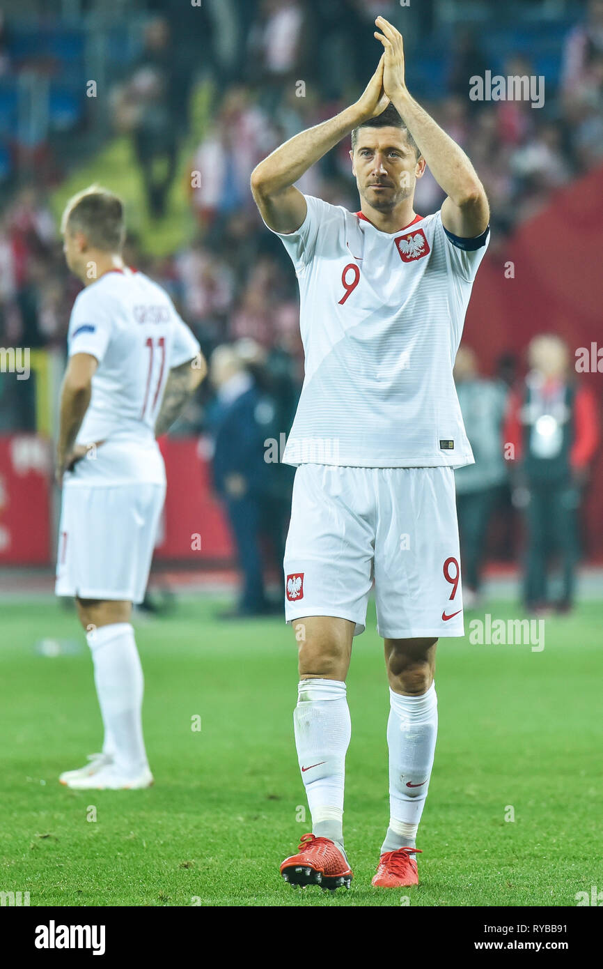 CHORZOW, Polen - 11. OKTOBER 2018: Fußball-Nationen League Division A Gruppe 3 match Polen vs Portugal 2:3. Im Bild Robert Lewandowski. Stockfoto