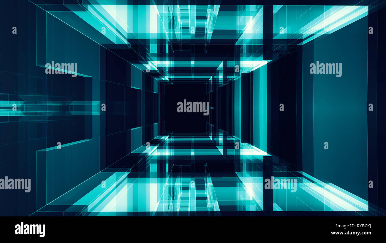 Blaues Leuchten Farbe schwarz transparent Glas abstrakt Hintergrund futu Stockfoto