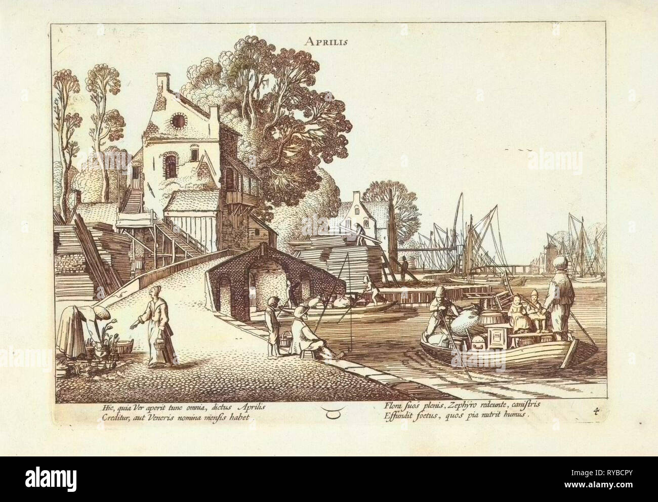 Mit Stadtblick mit Aktivitäten auf dem Wasser: April, Jan van de Velde (II), 1608-1618 Stockfoto