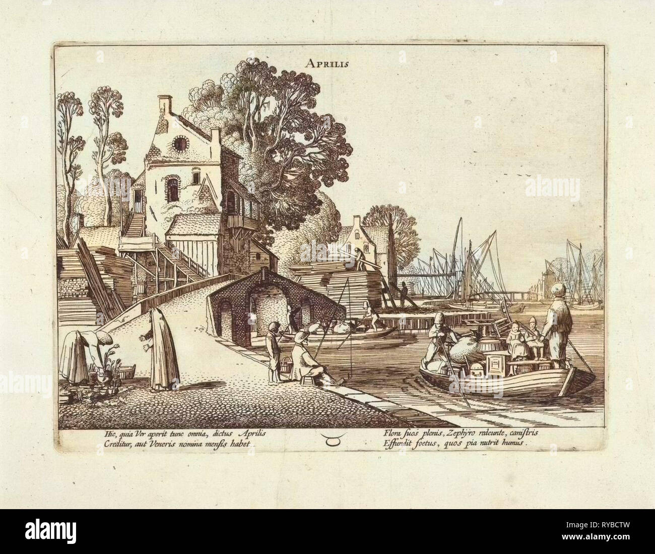 Dorf mit Aktivitäten auf dem Wasser, April, Jan van de Velde (II), 1608-1618 Stockfoto