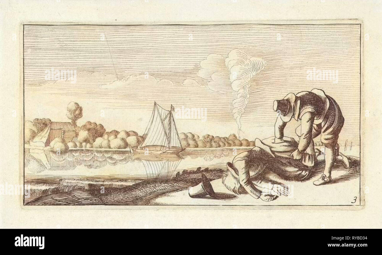 Flusslandschaft mit einem toten Mann beraubt, Jan van de Velde (II), anonym, Claes Jansz. Visscher (II), 1603-1652 Stockfoto