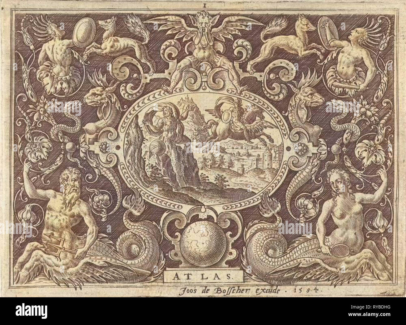 Kartusche: Atlas verwandelt sich in einen Berg, Abraham de Bruyn, 1584 Stockfoto