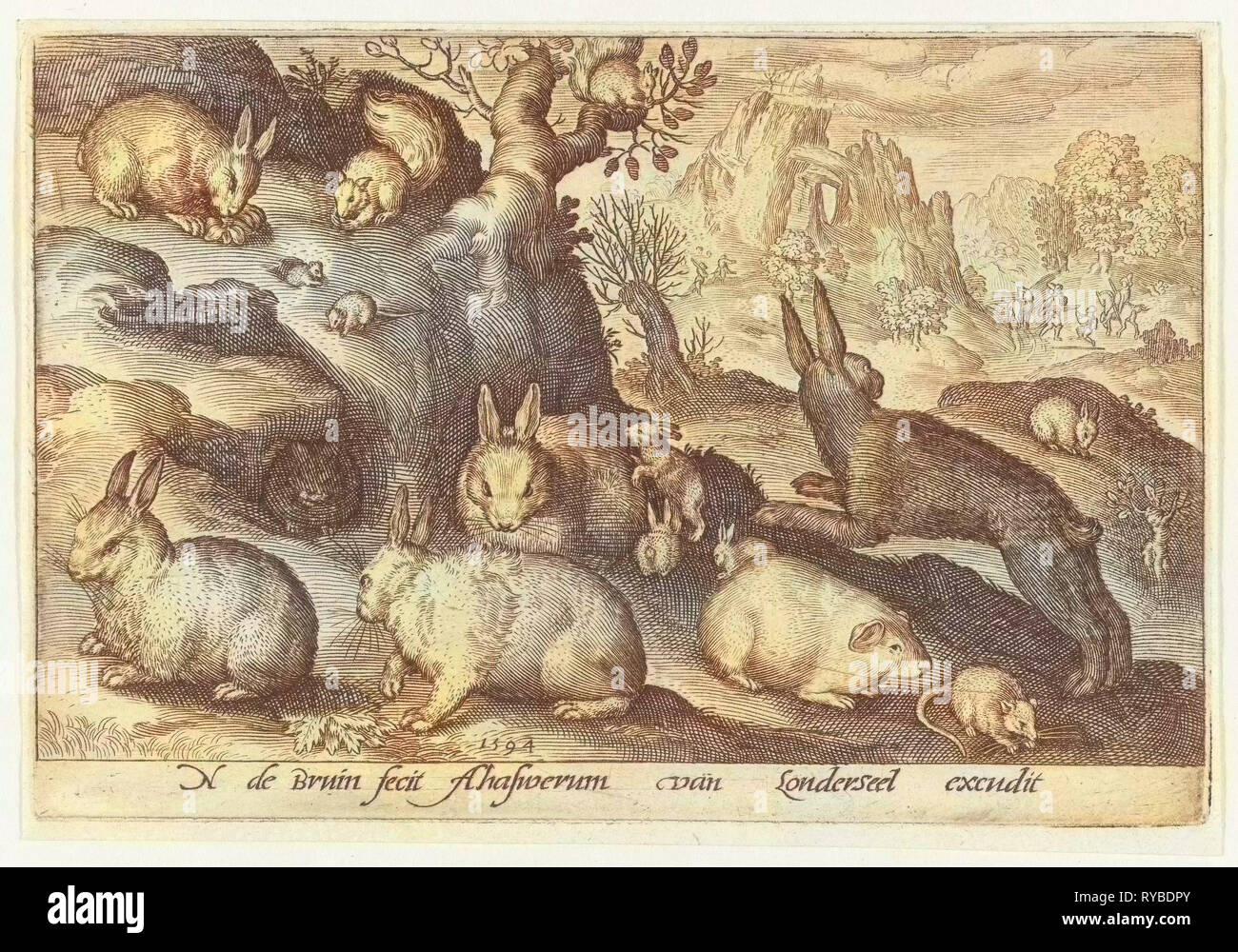 Maus, Nicolaes de Bruyn, 1594, Meerschweinchen, Kaninchen und Eichhörnchen Stockfoto