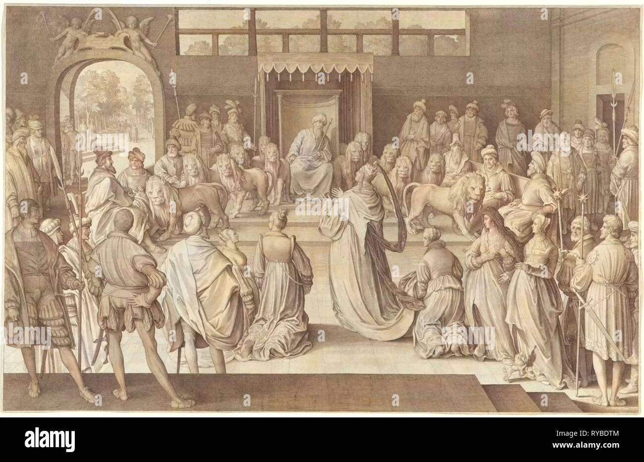 Die Königin von Saba kniet vor König Salomo im Thronsaal, auf beiden Seiten des Thrones Salomo sechs Löwen, drucken Teekocher: Nicolaes de Bruyn (auf Objekt erwähnt), Dating 1621 Stockfoto