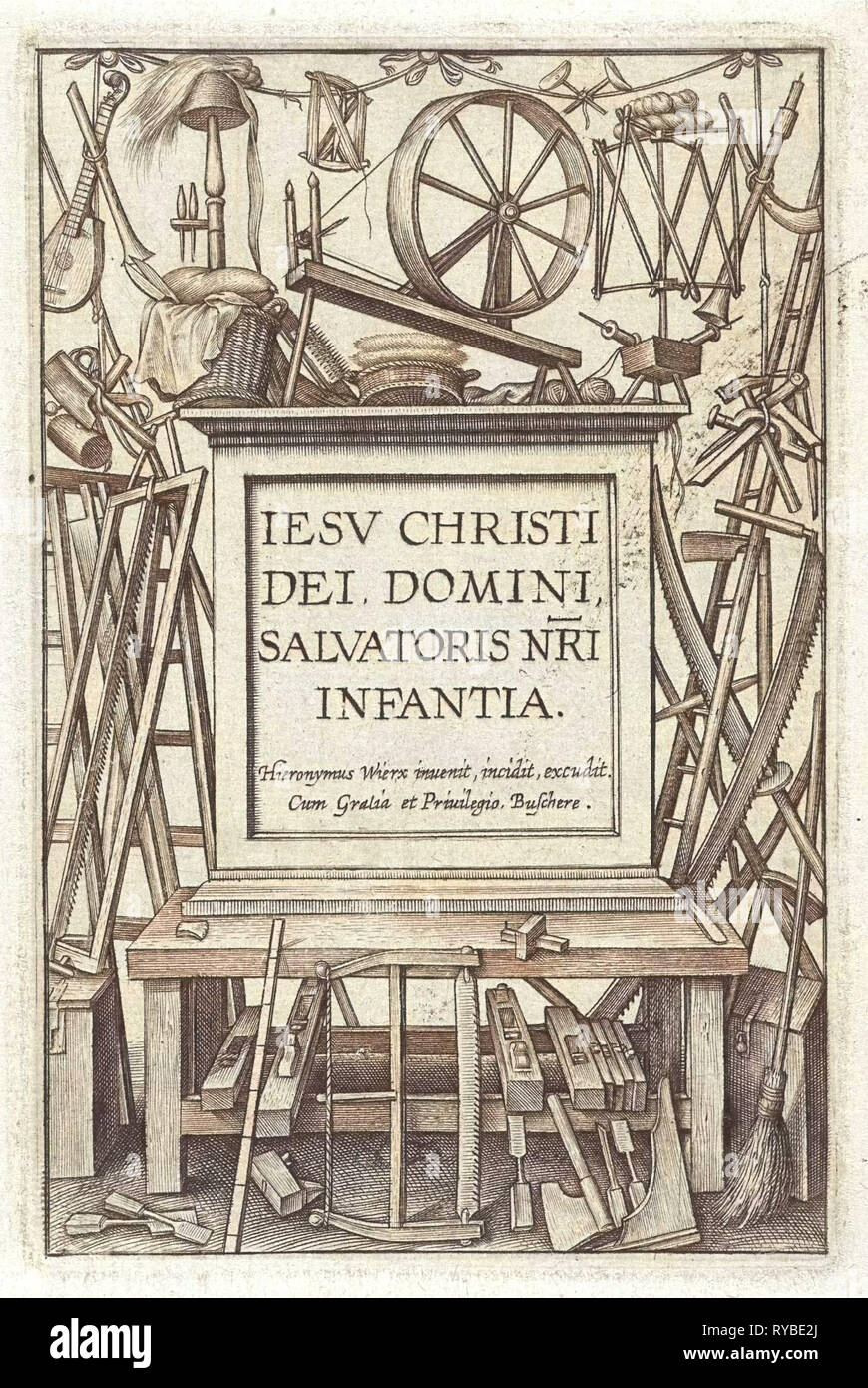 Werkbank mit Werkzeug, Hieronymus Wierix, 1563 - vor 1619 Stockfoto