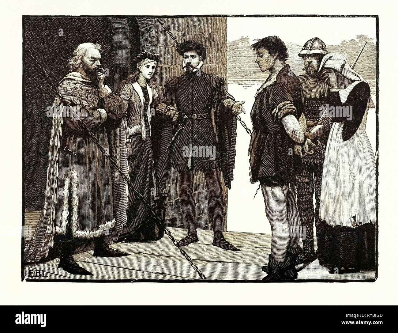 Kostüme des 14. Jahrhunderts: Baron Dame Herr Bauer Soldat Bäuerin Stockfoto