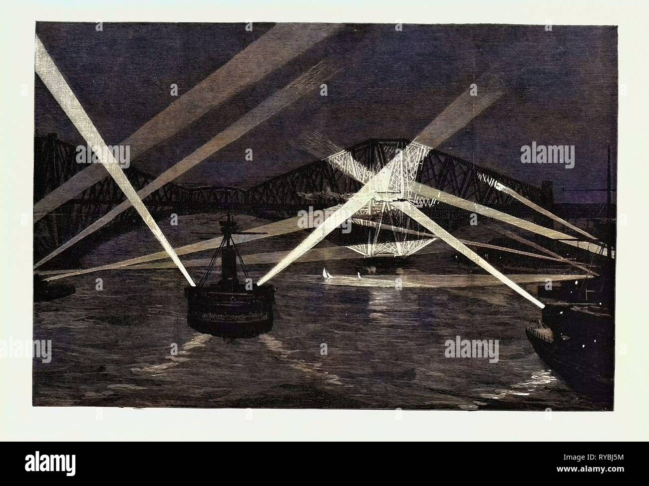 Die Naval Manöver, mit dem Nördlichen Flotte: Die Schiffe der Suche die Forth Brücke mit dem elektrischen Licht Stockfoto