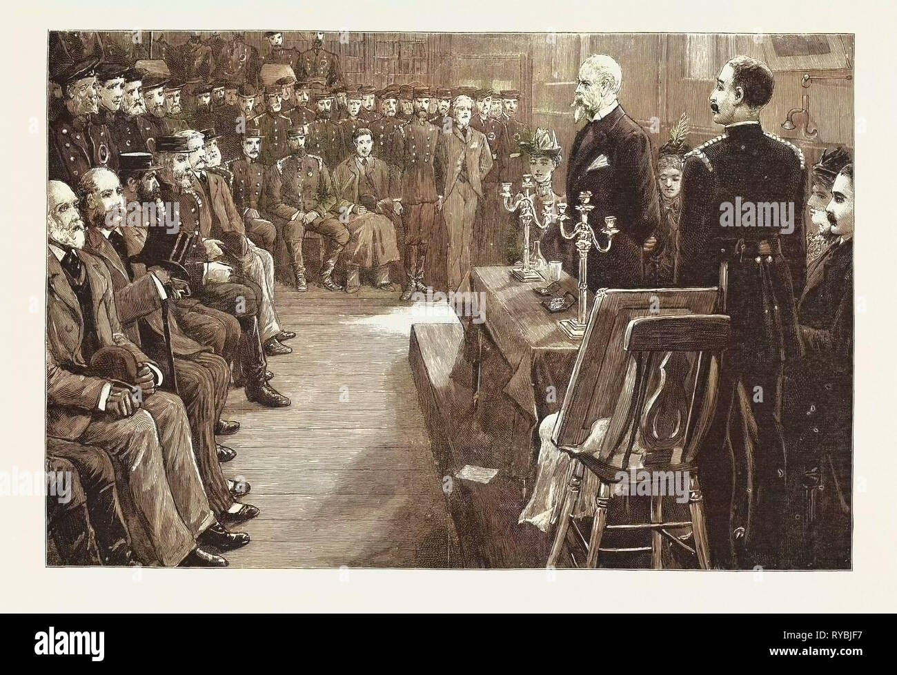 Die Präsentation von Sir Eyre Massey Shaw, Anlässlich seiner Pensionierung durch die Offiziere und Soldaten der Städtischen Feuerwehr Stockfoto