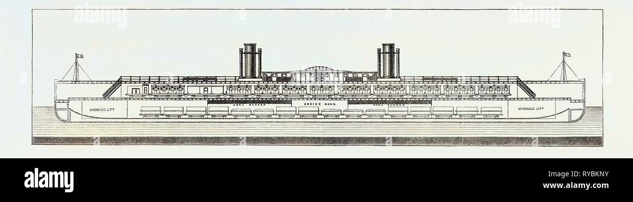 Der geplante Kanal Fähre: Längsschnitt Fähre Dampfgarer, der Dampfgarer wird vorgeschlagen, 450 Fuß Länge, 57 Fuß Breite, 95 Fuß über die Paddel Boxen, angetrieben von getrennten Motoren von 1400 Horse Power Nominal, durch die eine solche Drehzahl Wie wird Sie in die Lage versetzen, um die Reise von Ufer zu Ufer in einer Stunde, während von ihrer Form und Größe, Bewegung in jedem Zustand des Wetters fast nicht wahrnehmbar Wäre, erreicht werden wird Stockfoto