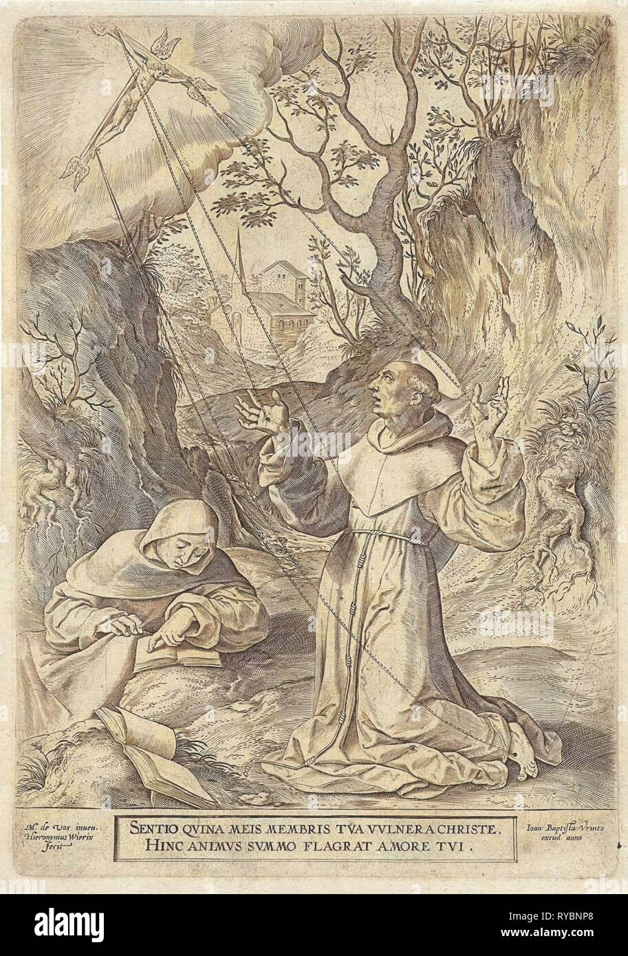 Franz von Assisi empfängt die Stigmata Christi, Hieronymus Wierix, Johannes Baptista Vrints (I), 1584 Stockfoto