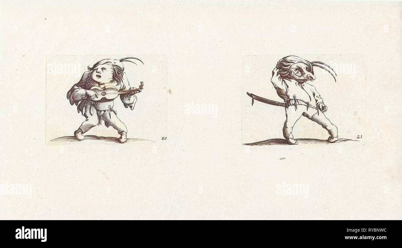 Zwerg mit Gitarre, Zwerg mit Schwert und Maske, Jacques Callot, Abraham Bosse, 1621 - 1676 Stockfoto