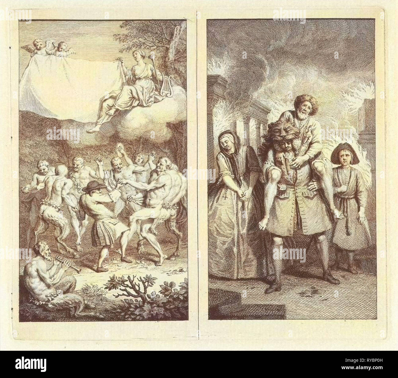 Dramatiker Paul Scarron Tänze mit Faune, Satyrn und Mänaden, spart Aeneas seines Vaters aus der Verbrennung von Troy Stockfoto