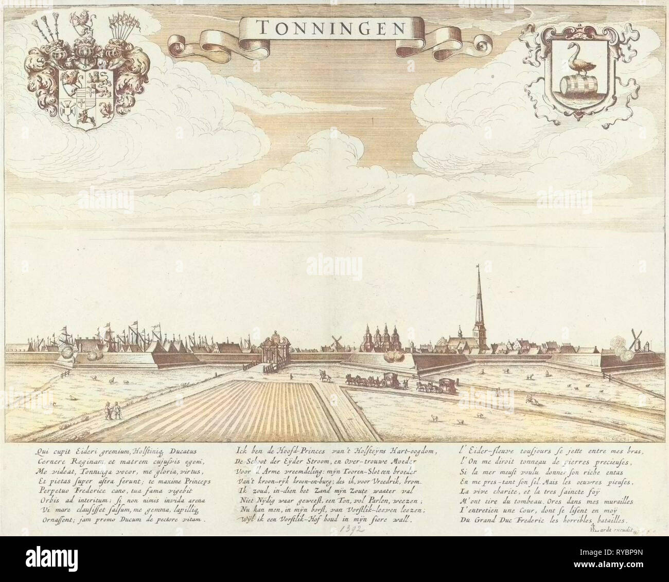 Blick auf Tonning, Julius Milheuser, anonym, Hugo Allard, 1650 Stockfoto